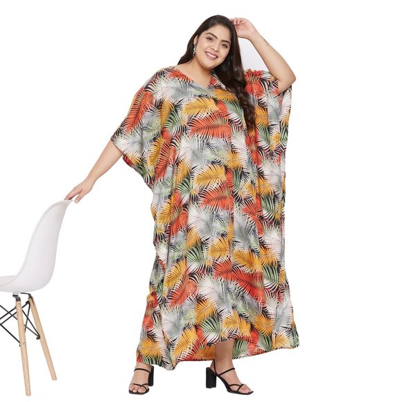 Women Multicolor Polyester Leaf Printed Kaftan Maxi Party Dress by Gypsie Blu - Picture 3 of 9